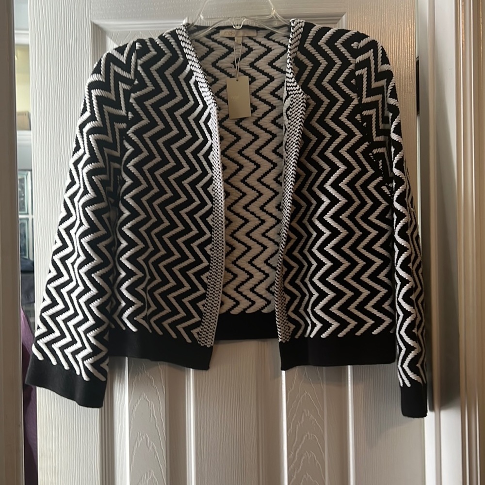 Maje open cardigan in black and white pattern with tag attached